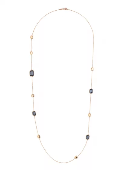 18k rose gold, 4 rock crystals, 4 hematites, 90 cm length