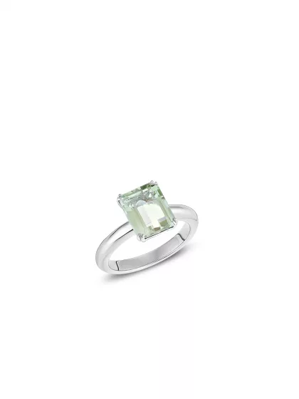 18k white gold, 1 light green prasiolite 3.10 ct, 2 diamonds